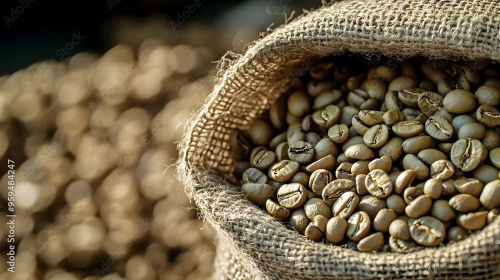 Poster close up detailed view of raw unroasted green coffee beans contained in a rustic burlap sack with am
