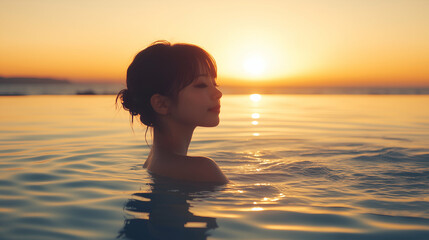 Golden Hour Serenity: Young woman finds peace and tranquility in an infinity pool, silhouetted against a breathtaking ocean sunset. 