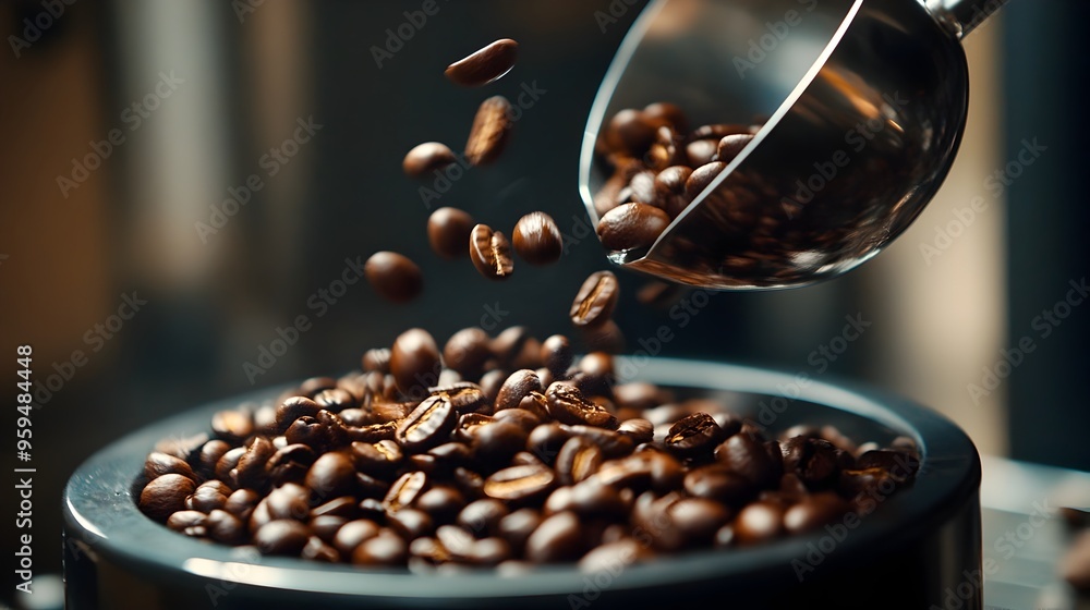 Poster closeup shot of freshly roasted coffee beans being poured from a scoop into a grinder with ample cop