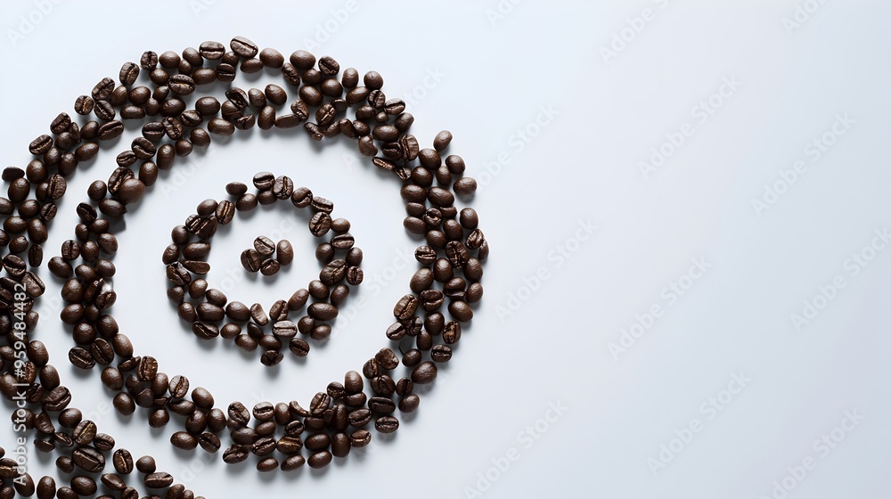 Poster captivating spiraling arrangement of freshly roasted coffee beans set against a pure white backgroun