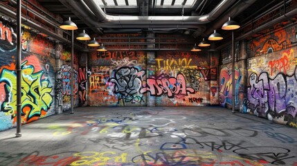 Naklejka premium Empty urban space with graffiti art and industrial elements.