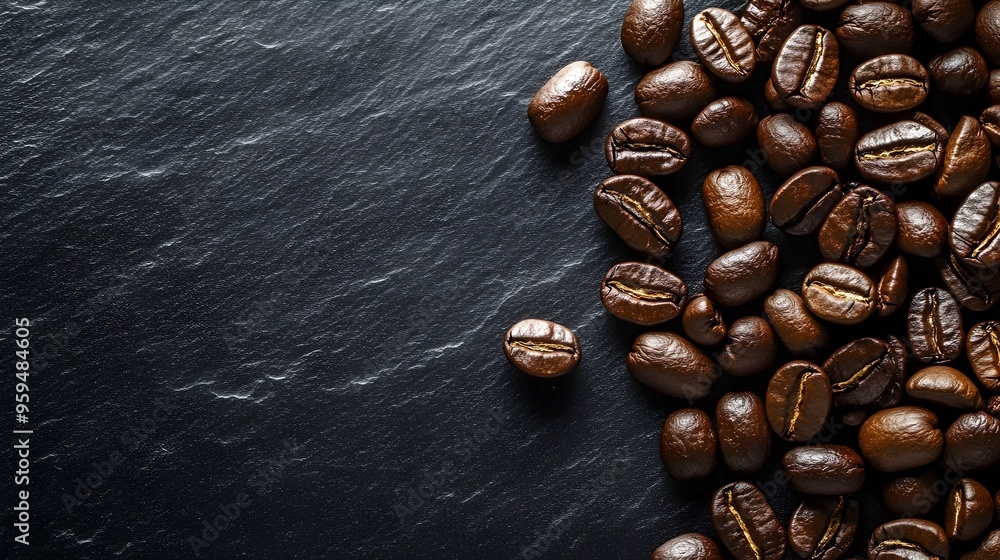 Poster close up photography of freshly roasted and textured coffee beans arranged on a dark minimalist back