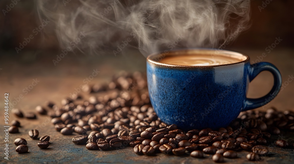 Poster a photograph of a steaming cup of freshly brewed coffee surrounded by scattered coffee beans with am