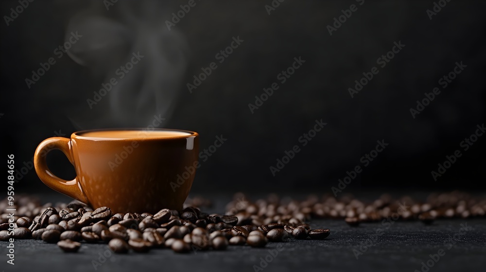 Poster a photograph of a steaming cup of coffee surrounded by scattered coffee beans on a rustic wooden tab
