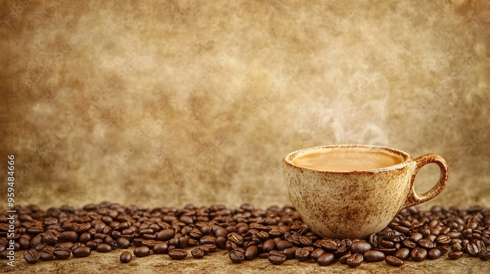 Poster steaming hot cup of freshly brewed coffee surrounded by scattered roasted coffee beans with ample co