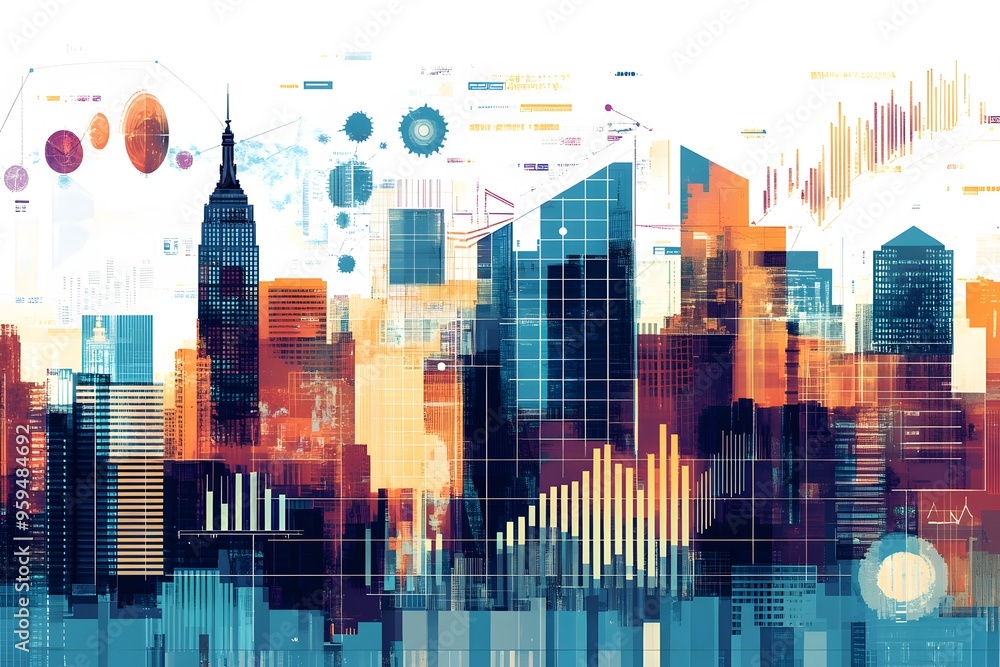 Aufkleber abstract cityscape with geometric shapes and data visualizations