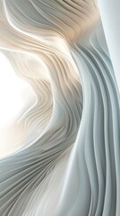 Flowing white 3D architecture layers form waves with warm light. Abstract background