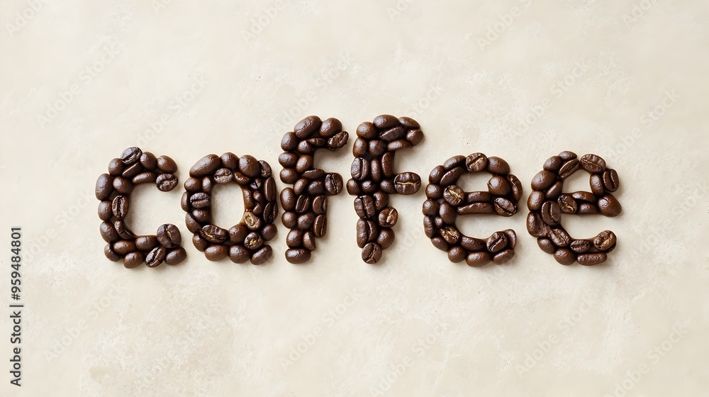 Poster photograph of coffee beans artfully arranged to spell out the word coffee on a light background leav