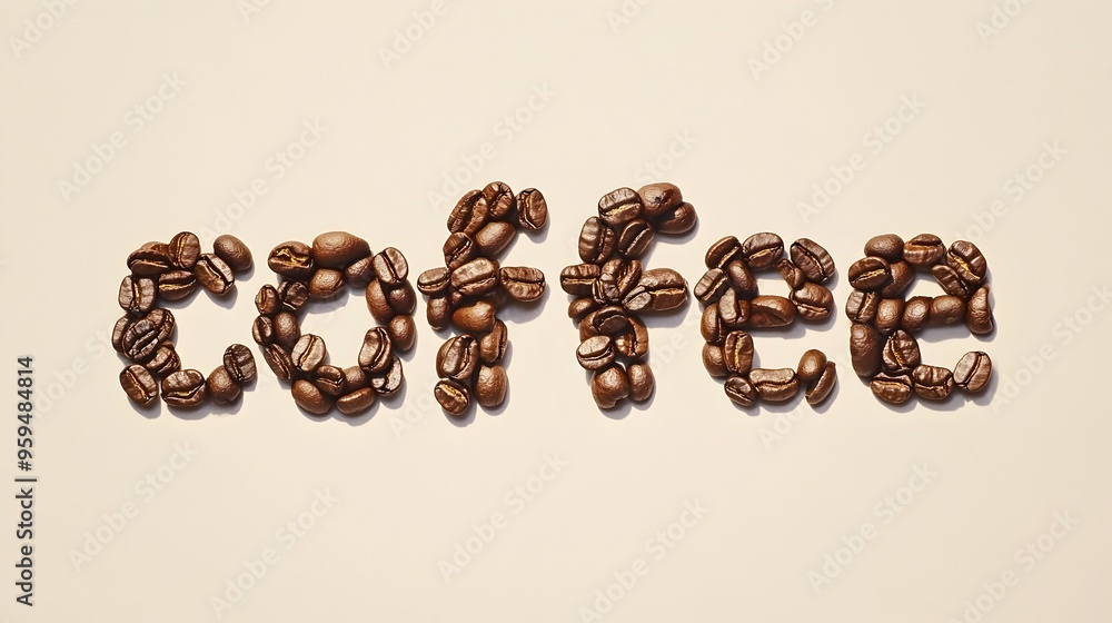 Poster overhead view of coffee beans artfully arranged to spell out the word coffee on a light background w
