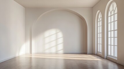 Empty Room with Arched Windows and Wooden Floor