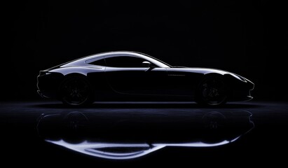 Black sports car on a black background with its reflection.