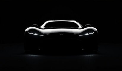 A black car with headlights on in a dark studio.