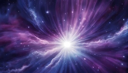 An abstract scene depicting cosmic energy in the universe, with deep blue, purple, and bursts of white light resembling stars or a nebula explosion. Smooth textures 