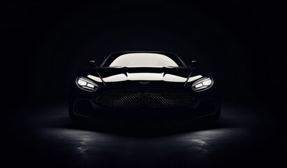 A black sports car, partially illuminated, with only its headlights and grille visible.