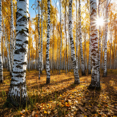Fototapeta premium Birch forest in sunny afternoon while autumn season
