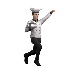 Illustrated 3D Chef. A male chef is walking carrying a plate with a cloche lid in his right hand and clenching his left fist towards the front. Male Culinary Expert