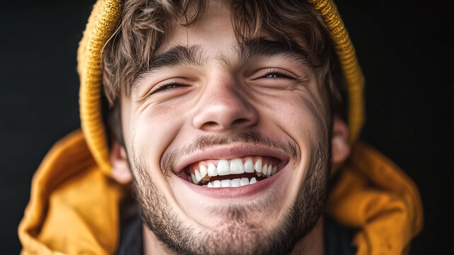 Portrait of a young man laughing uncontrollably, genuine and unf