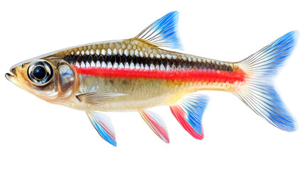Obraz premium A detailed view of a single fish with blue and red fins swimming against a transparent background, a perfect isolated image for design.