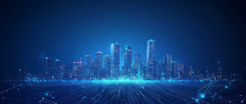 Futuristic city skyline with glowing digital lines in a blue background.