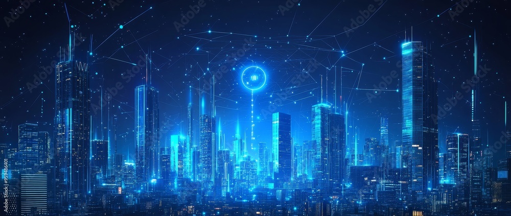 Poster futuristic cityscape with glowing blue lines connecting skyscrapers, symbolizing the interconnectedn