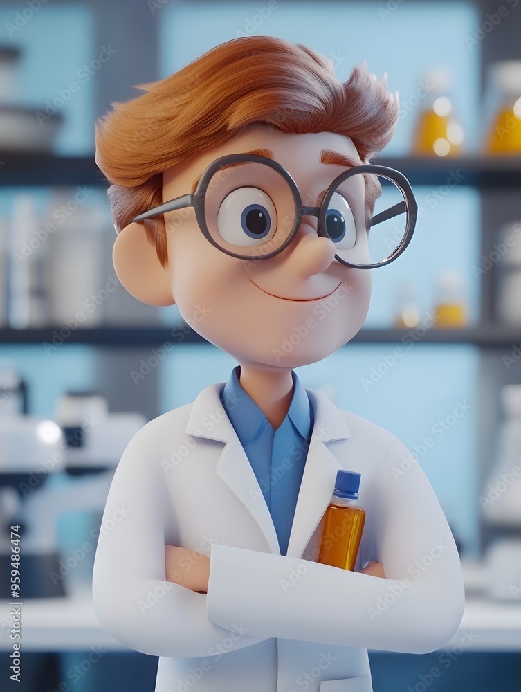 Poster cartoon character in lab coat analyzing data and conducting biotechnology research in a laboratory s