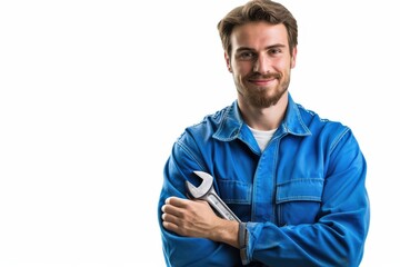 Mechanic With Wrench. Smiling Auto Repairman Standing with Folded Hands on White Background