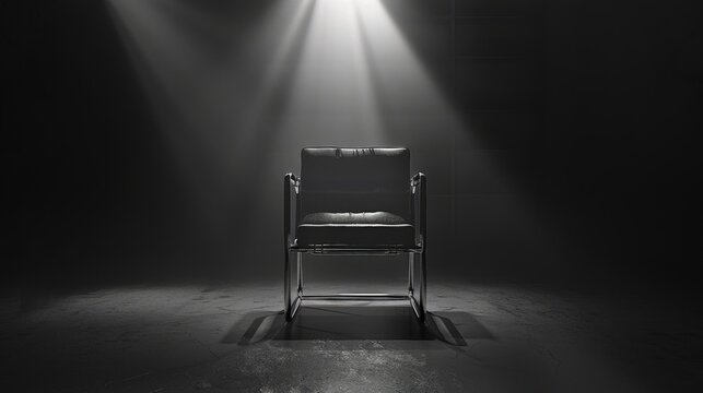 Mastermind Chair. Dark Atmospheric Spotlight with Chrome Chair in Moody Setting