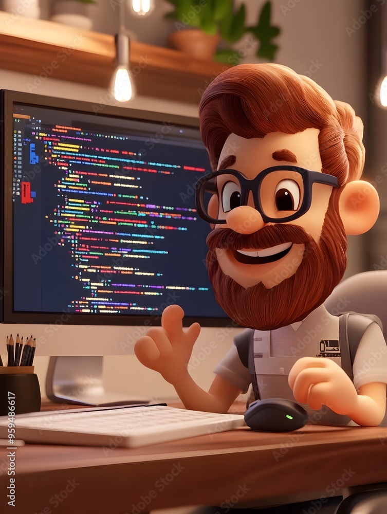 Aufkleber animated 3d cartoon character of a software developer enthusiastically coding and working diligently