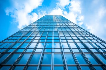 Low angle view of a tall glass skyscraper against a blue sky with white clouds.