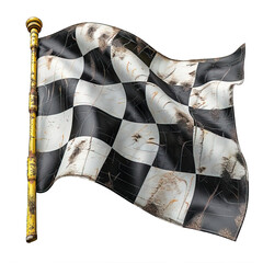Checkered flag waving, black and white, slightly tattered, attached to a yellow pole isolated on transparent, generative ai