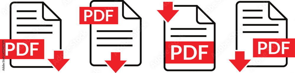 Poster pdf file format download symbols, pdf document text, web format information, vector images, pdf file icon set vector illustration.