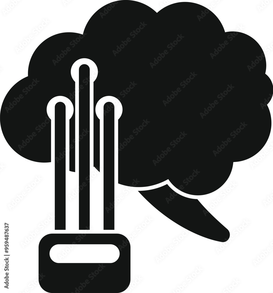 Poster black and white icon of a brain connected to a computer, representing artificial intelligence and ma