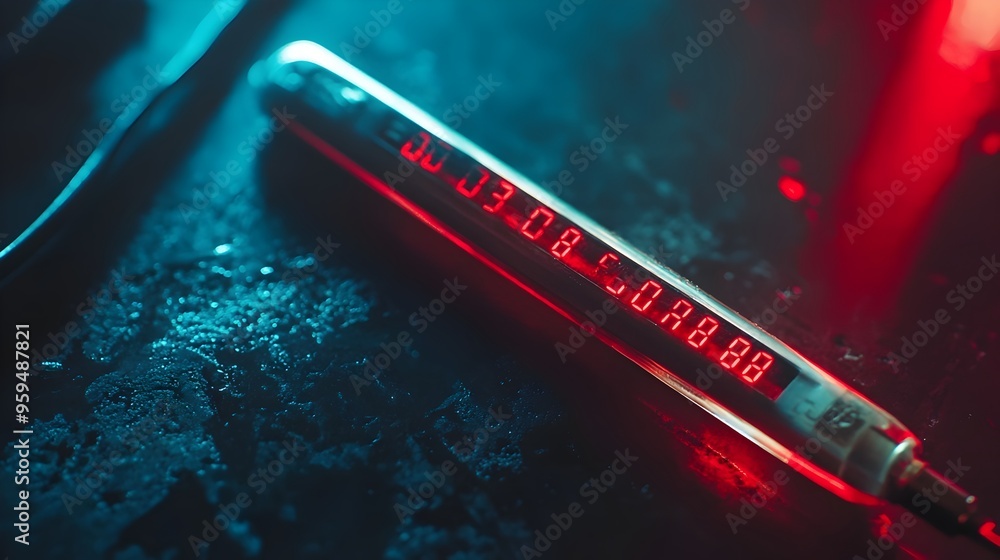 Poster digital thermometer displaying high temperature measurement for weather climate or industrial monito