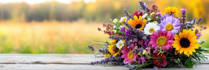 Bright wildflowers including daisies, sunflowers, and lavender create a stunning bouquet set against a beautiful outdoor backdrop. Generative AI
