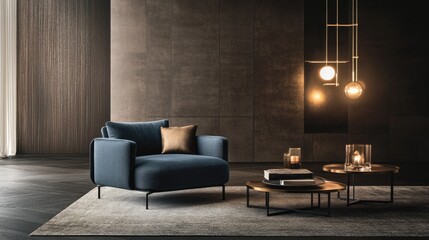 Modern living room with a blue armchair, a gold coffee table, and a geometric pendant light.