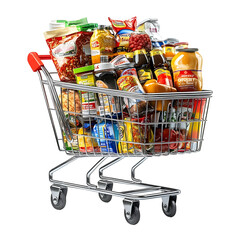 A full shopping cart filled with various food products isolated on a transparent background