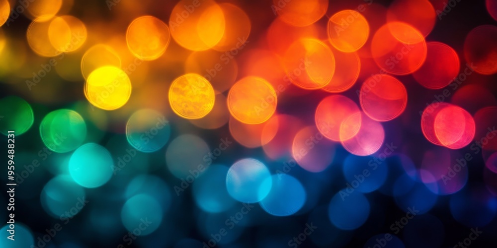 Poster abstract background with colorful bokeh lights in a gradient from yellow to blue.