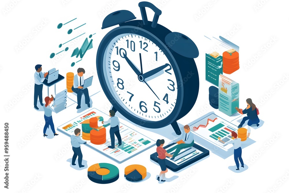 Poster businesspeople working around a large clock analyzing data and charts