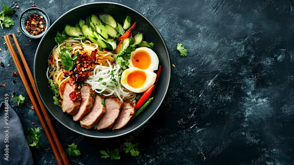 Poster overhead shot of a beautifully arranged noodle dish with sliced meats fresh vegetables and space for