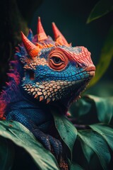 Fototapeta premium Colorful lizard on green leaf