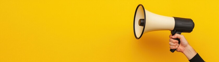 A hand holds a megaphone against a bright yellow background, symbolizing communication and announcement in modern society.