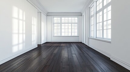 Obraz premium Empty Room with Dark Wood Flooring and White Walls and Windows