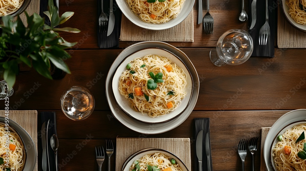 Poster beautifully arranged table setting featuring a variety of delicious noodle dishes ready to be served