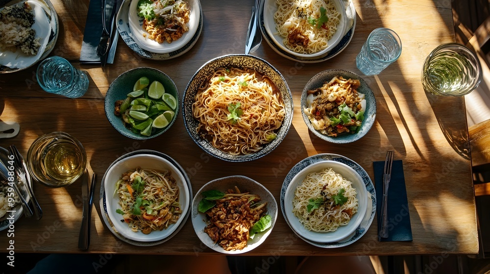 Poster beautifully arranged table setting featuring multiple appetizing asian noodle dishes offering ample 