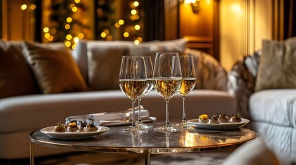 A sophisticated lounge with wine glasses and small plates set against luxurious decor