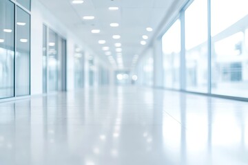 A blurry, empty hallway with windows and a white ceiling.