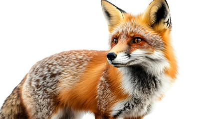 Fototapeta premium Red Fox Standing with Alert Expression on a White Background, Transparent Background, Isolated Background, PNG.