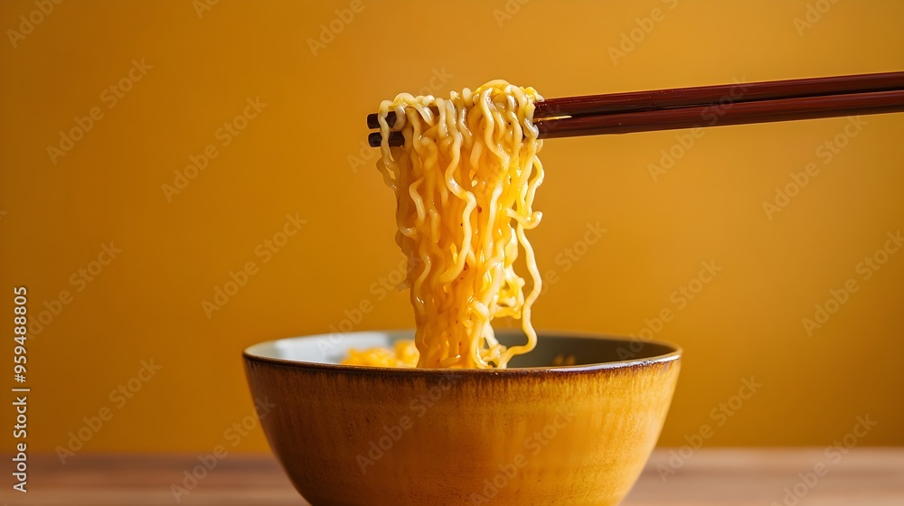 Poster overhead view of a pair of chopsticks holding noodles above a simple bowl creating a minimalist and 