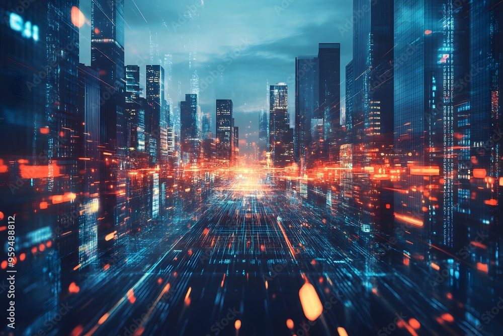 Poster a futuristic cityscape with glowing lines and data streams