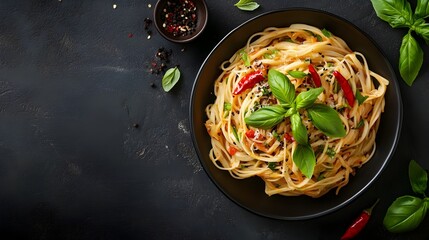 Close up photography of a deliciously prepared Asian noodle dish garnished with fresh green basil leaves and vibrant red chili peppers